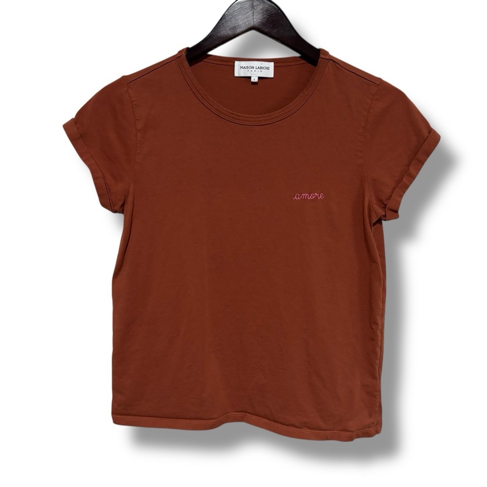 Maison Labiche Paris Women's "amore" Knit Logo‎ T Shirt Orange Size Small 17x23